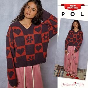 POL V-Neck Heart Pattern Raw Hem Oversized Checkered Pullover Sweater | Charcoal